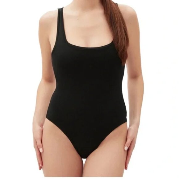 GapBody Logo Cotton Rib Thong Bodysuit | Size L | NWT | Black - Picture 1 of 3